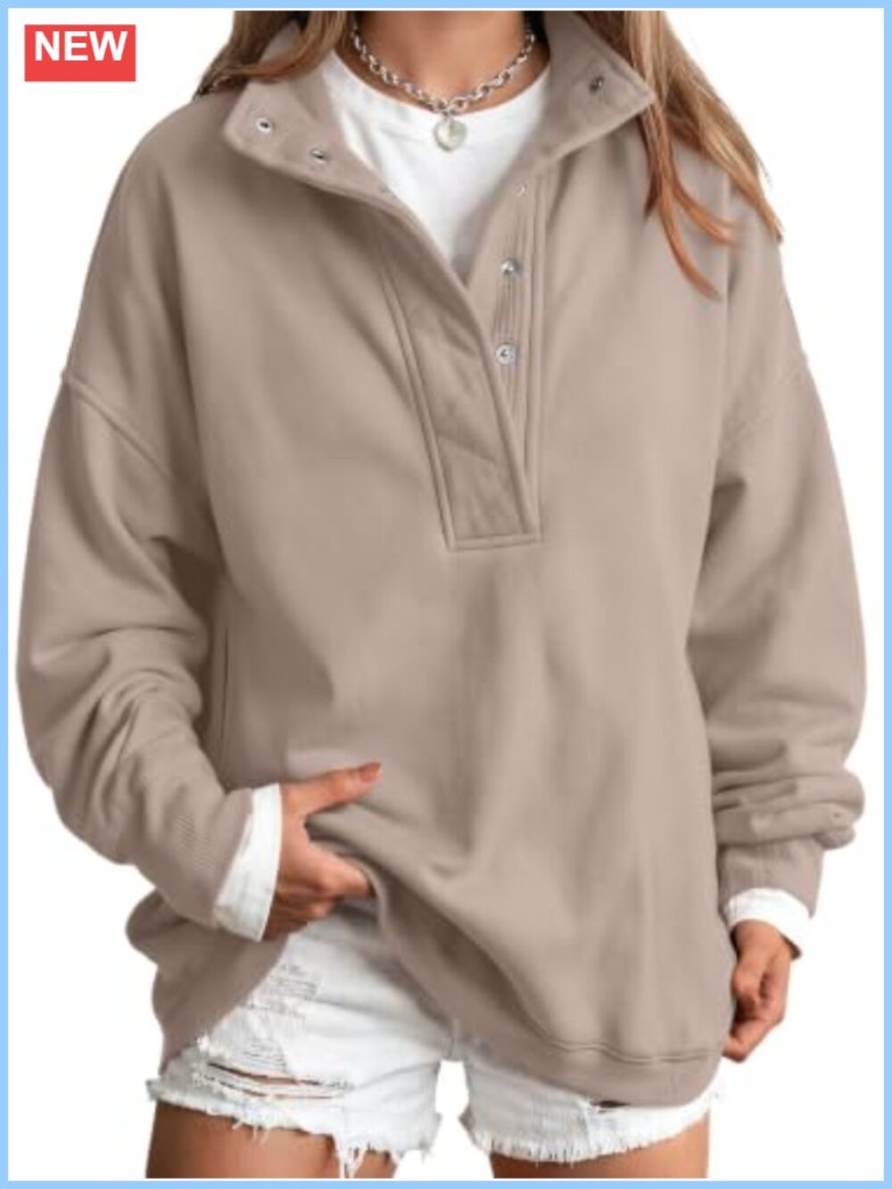 Women's Oversized Henley Sweatshirt Snap Collar Cotton Polyester